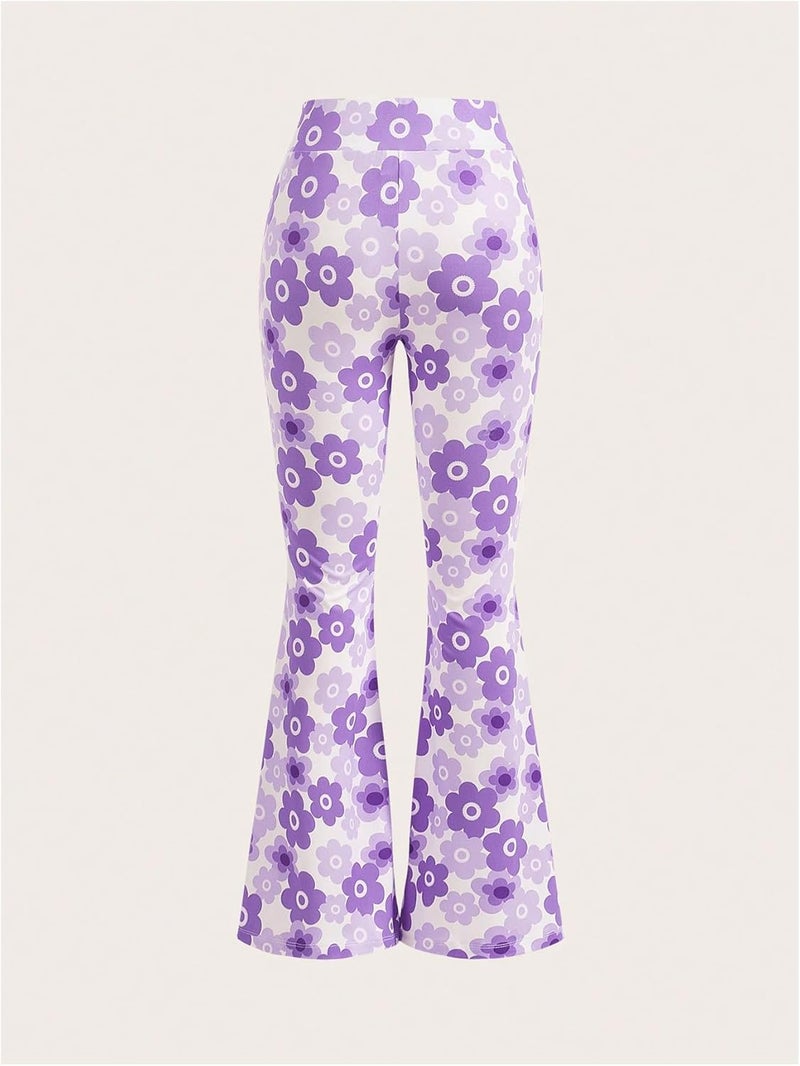 Verdusa Girl's Boho Floral Flared Leg Bell Bottom Pants High Waisted Athletic Trousers - Image 1